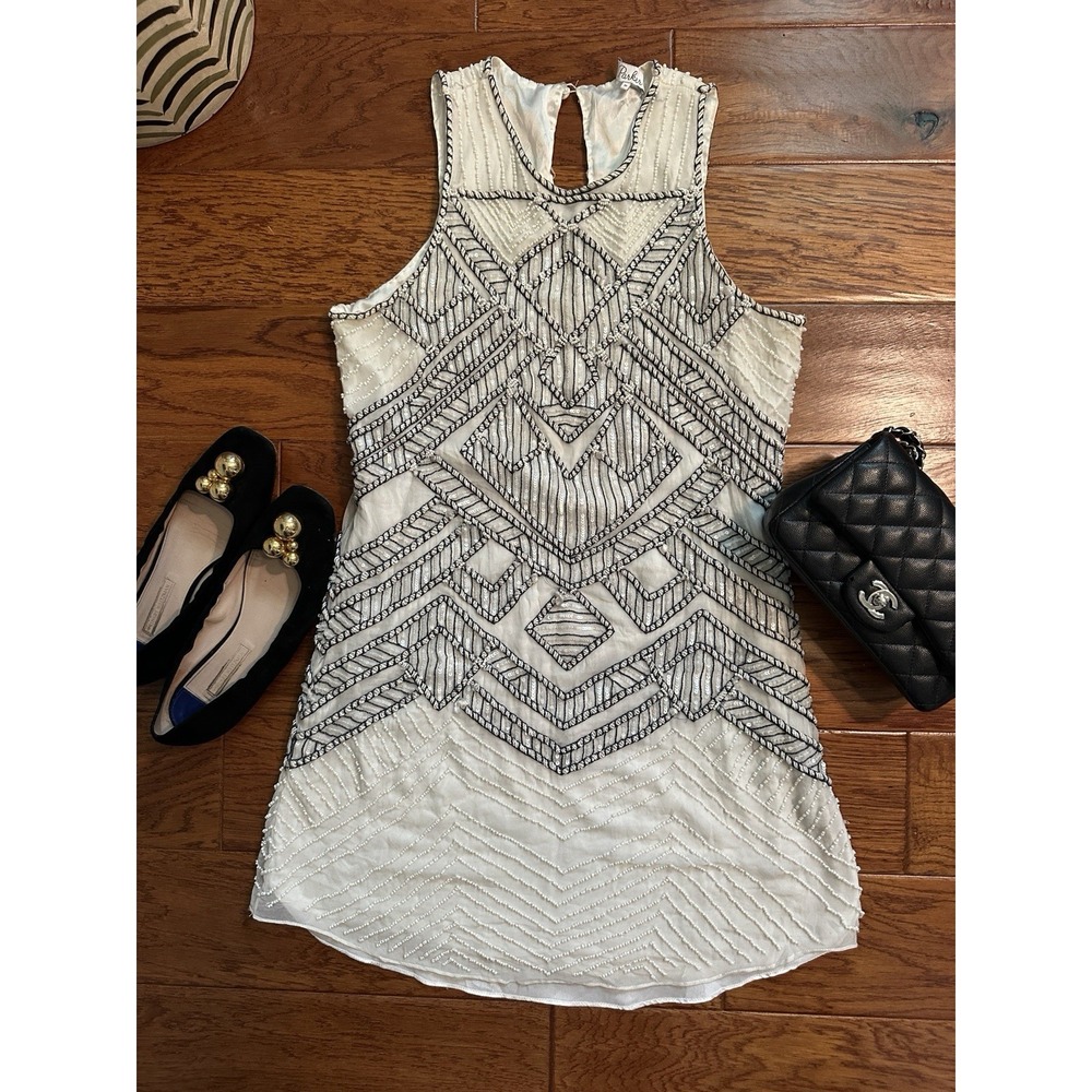 Parker Womens M 100% Silk Beaded Sequin Dress Ivory Black Gatsby Flapper Party